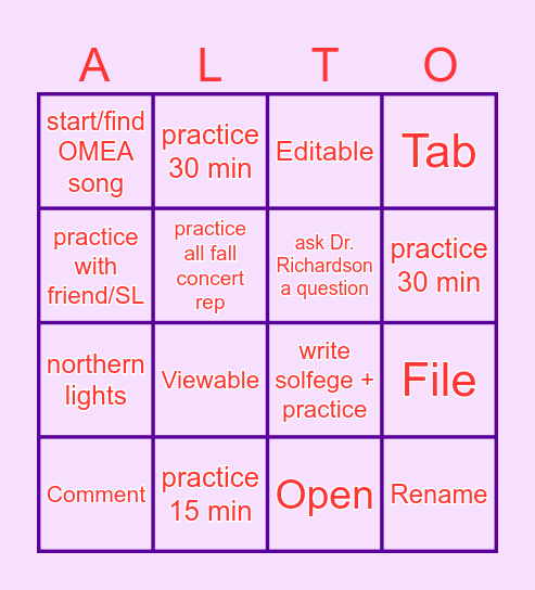 alto bingo practicing board Bingo Card