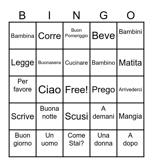 Italian Bingo Card