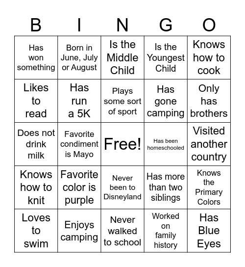 Get to Know You Bingo Card