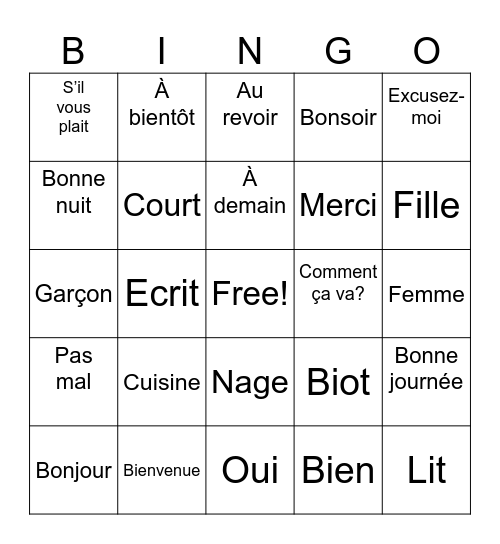 French Bingo Card