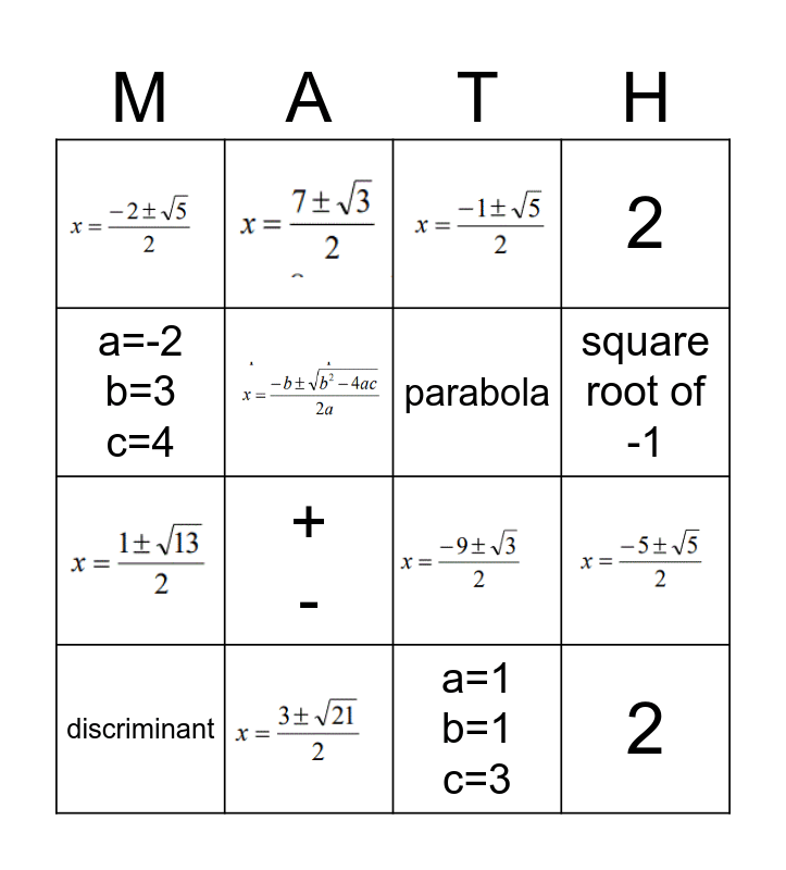 Quadratic Formula Bingo Card