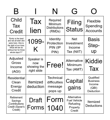 1040 Tax Webinar Day 2 Bingo Card