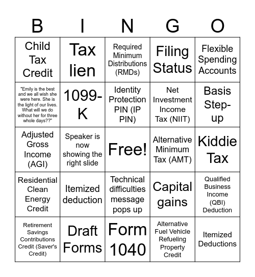 1040 Tax Webinar Day 2 Bingo Card