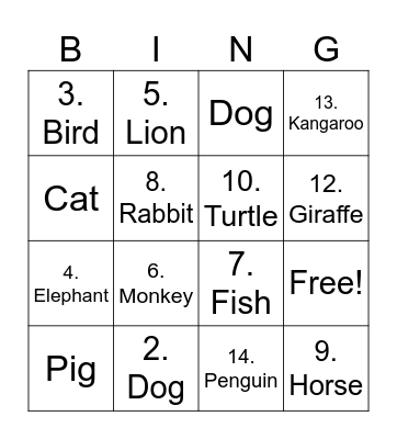 Animals Bingo Card