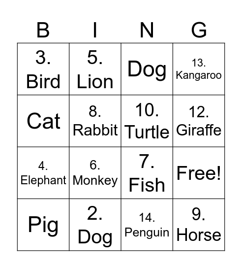 Animals Bingo Card