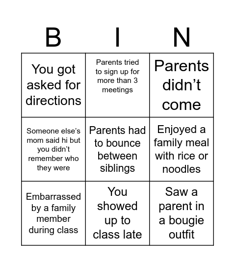 Parents' Weekend Bingo Card