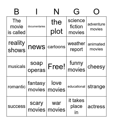 TV/Movies Vocabulary Bingo Card