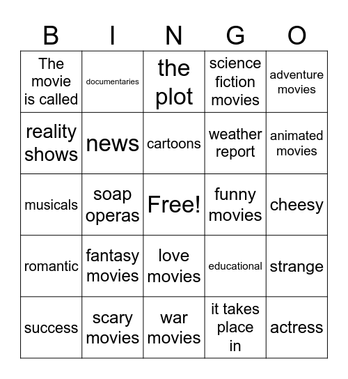 TV/Movies Vocabulary Bingo Card