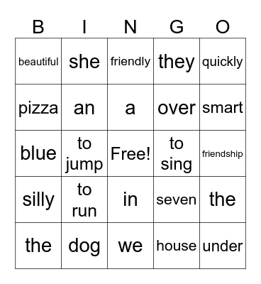 Parts of Speech Bingo Card