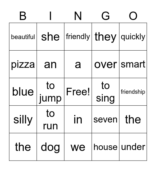 Parts of Speech Bingo Card