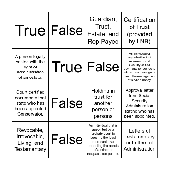 Fiduciary Relationships Bingo Card