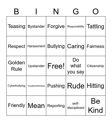 Character Counts/Bullying Prevention Bingo Card
