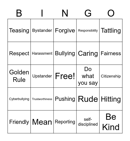 Character Counts/Bullying Prevention Bingo Card
