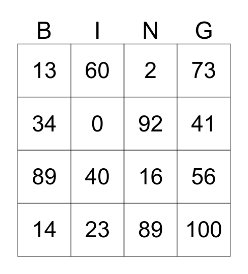 Number BINGO Card