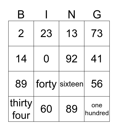 Number BINGO Card