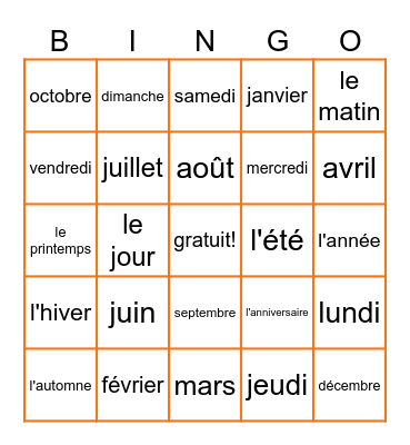 Vocabulaire du calendrier Bingo Card