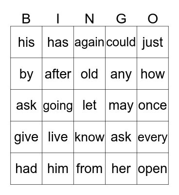 First Grade Dolce A-O Bingo Card