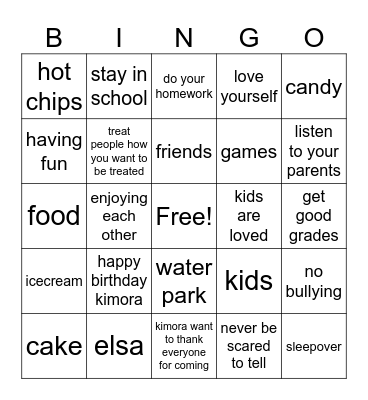 Kimora's 5th Birthday Bingo Card