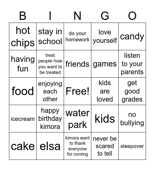 Kimora's 5th Birthday Bingo Card