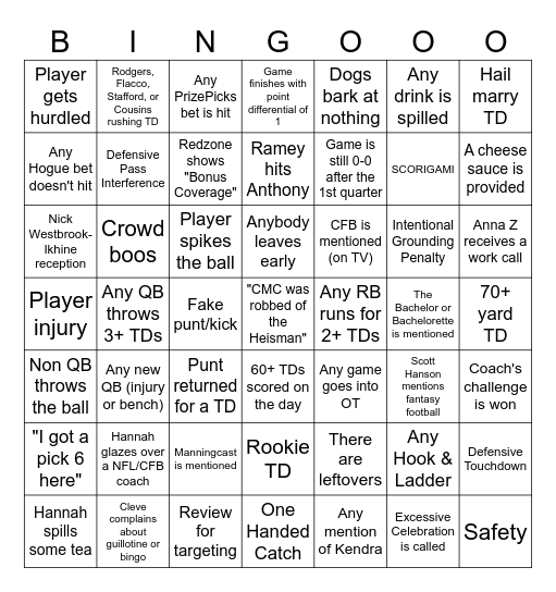 Cola Redzone Bingo Card