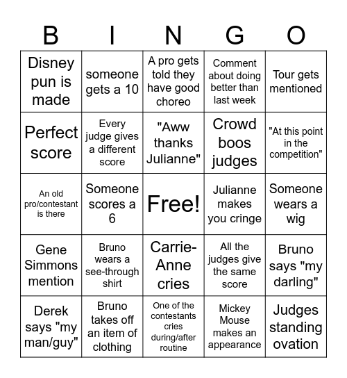 DWTS Disney Night! Bingo Card