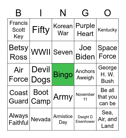 Greenway Veterans Alliance Bingo Card