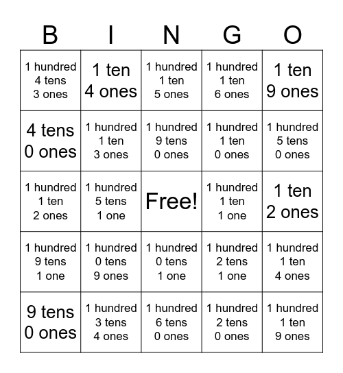 Place Value Bingo Card