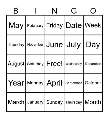 Months & Weeks Bingo Card