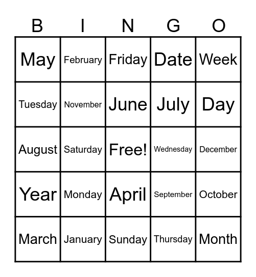 Months & Weeks Bingo Card