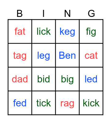 Vowels -a, e, i Bingo Card