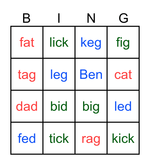 Vowels -a, e, i Bingo Card