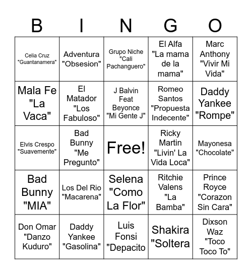 Latin & Reggaetón Bingo Card