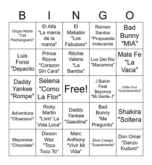 Latin & Reggaeton Bingo Card