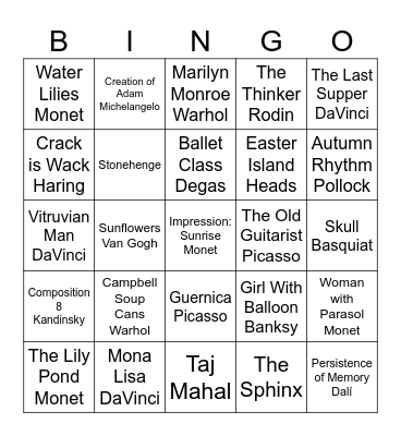 Beginner Art History Bingo Card