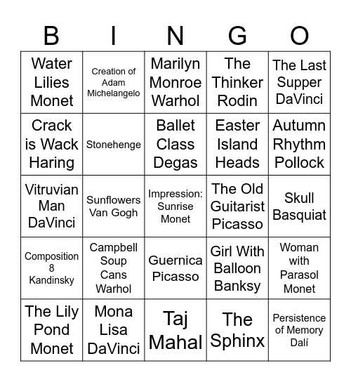 Beginner Art History Bingo Card