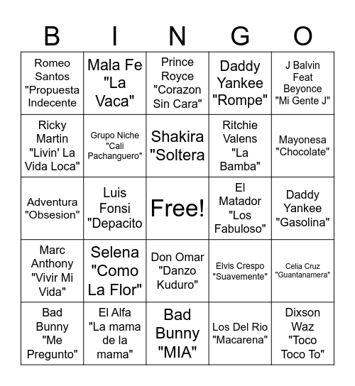 Latin & Reggaeton Bingo Card