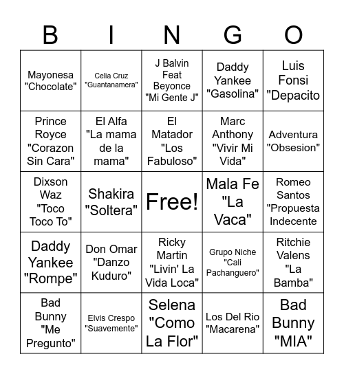 Latin & Reggaeton Bingo Card