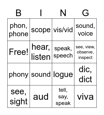 Unit 6 Senses Bingo Card