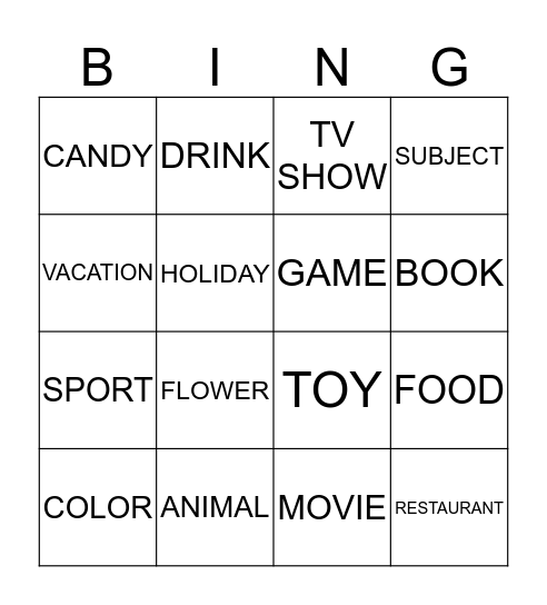 BINGO Favorites Bingo Card