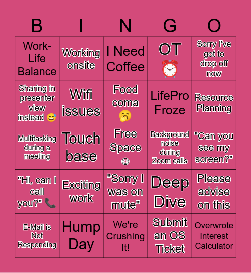 work work work work work! Bingo Card