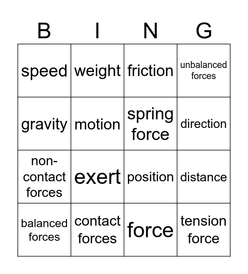 Forces and Motion Bingo Card