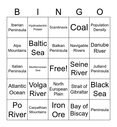 Physical Geography of Europe Bingo Card