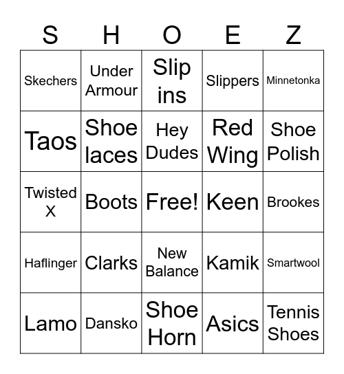 Shoez Bingo Card