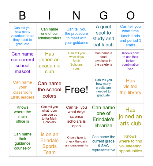 Grade 9 Homeroom Bingo Card