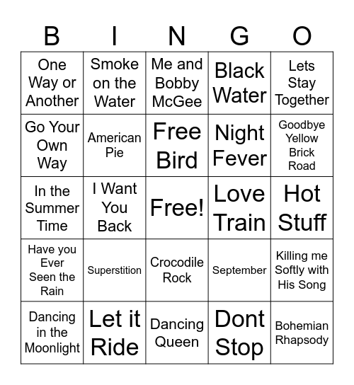 70s hits Bingo Card