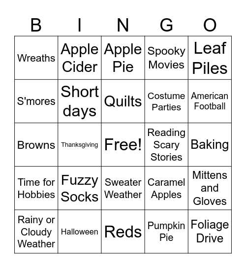 Just Fall Things Bingo Card