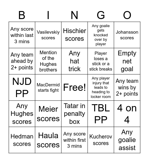 TBL vs NJD Bingo Card