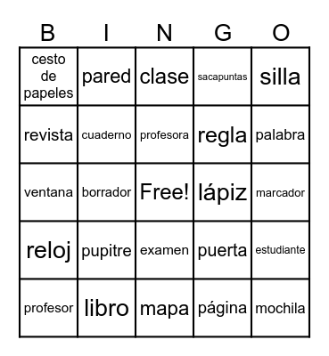 Spanish School Items Bingo Card
