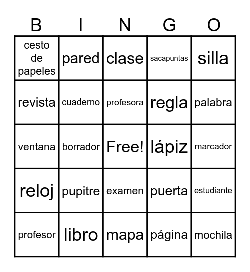 Spanish School Items Bingo Card