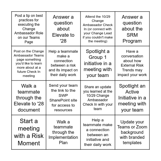 Oct/Nov Change Ambassador BINGO Card